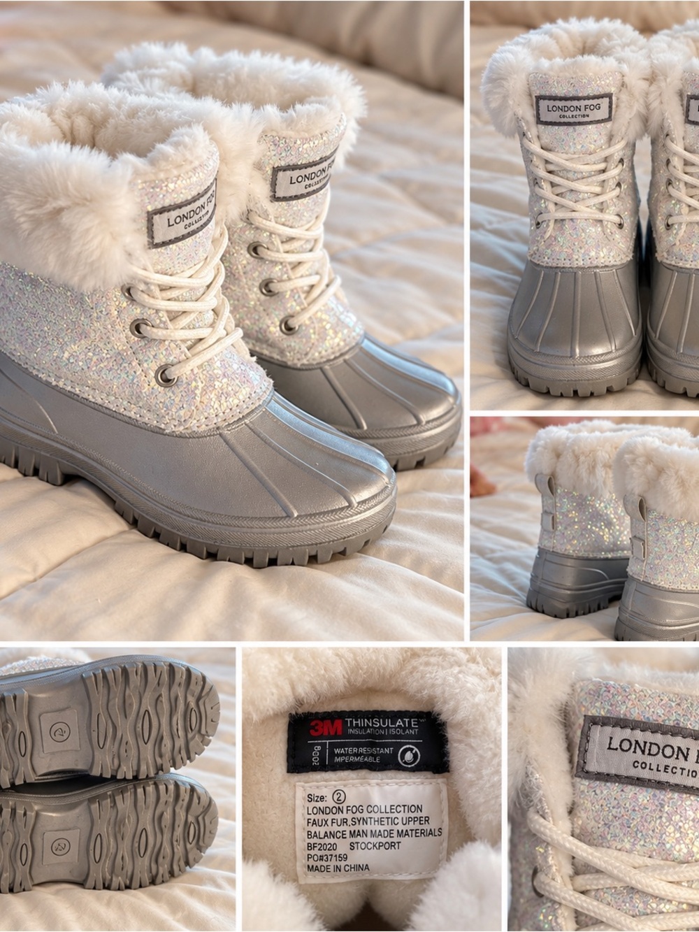 London Fog Kids Sparkle Silver Faux-Fur Snow Boots